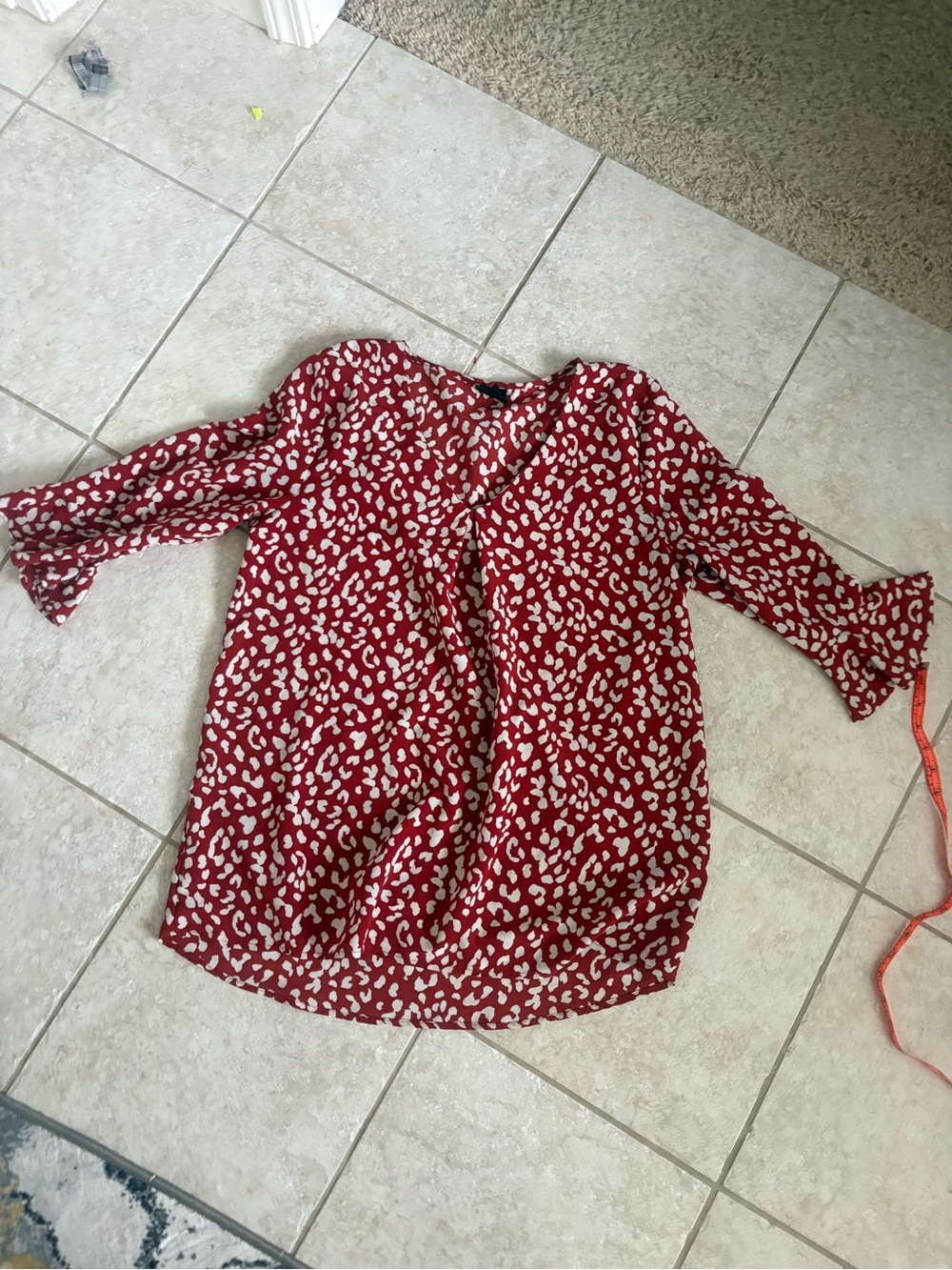 bobeau Red Printed V-Neck Blouse with Cream Spot Pattern